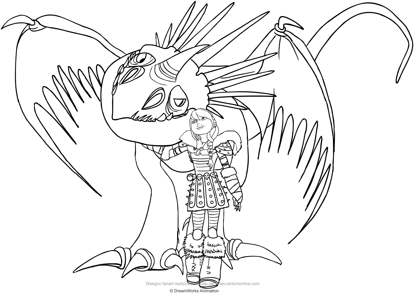 Dibujo de Astrid y Nadder Mortfero el drago para imprimir y colorear