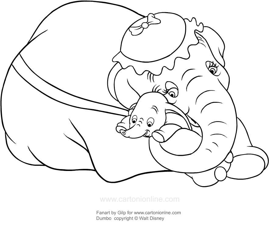 Dibujo de Dumbo abrazado por su madre para imprimir y colorear