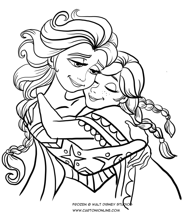 Dibujo de Anna y Elsa abrazadas  para colorear