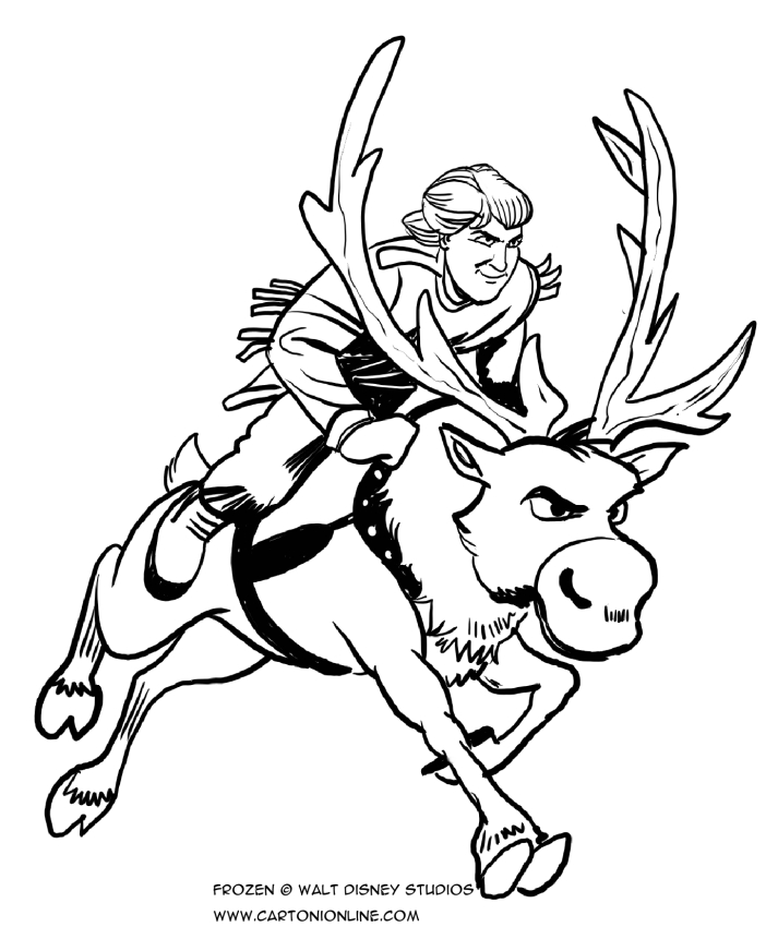 Dibujo de Kristoff que monta el reno Sven  para colorear
