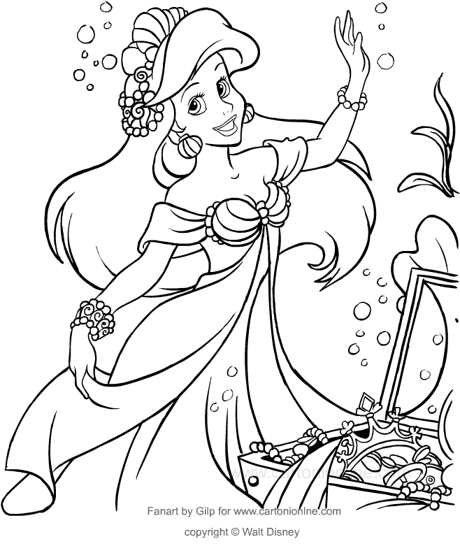 Dibujo de Ariel con los tesoros del mar (la sirenita) para colorear