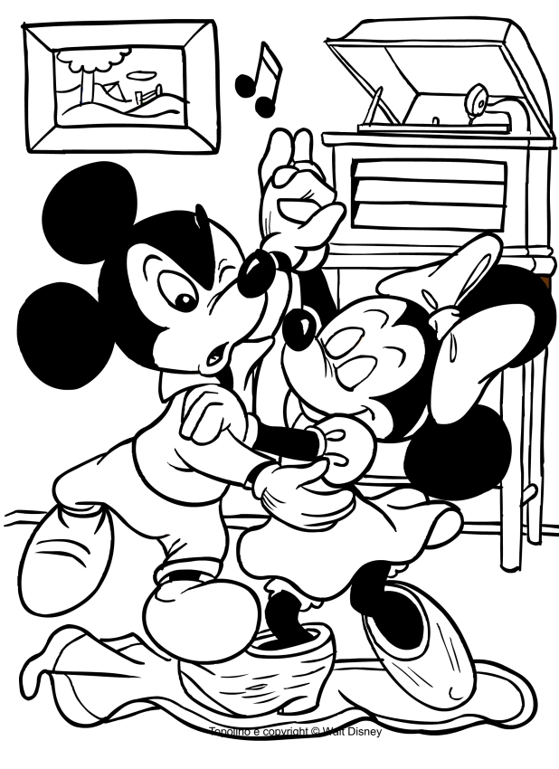 Dibujo de Mickey Mouse y Minnie bailando para imprimir y colorear 