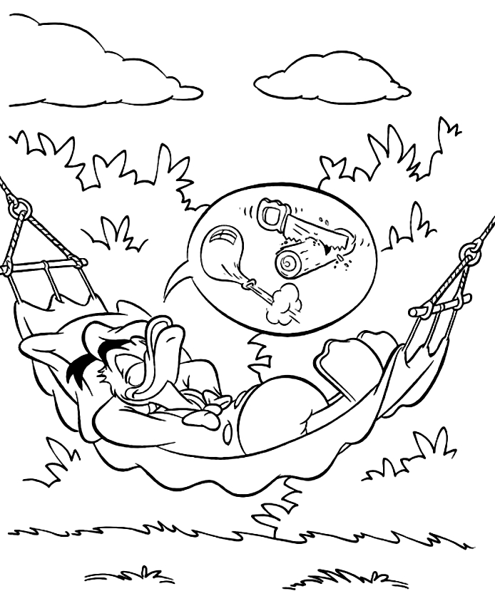 Dibujo de Pato Donald descansando en la hamaca para imprimir y colorear 