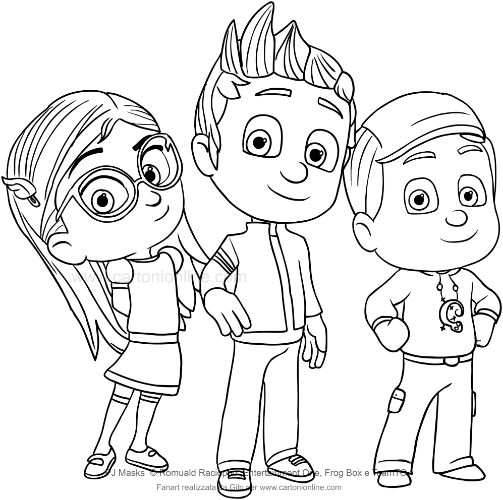 Dibujo de Connor, Amaya y Greg de los PJ Masks para imprimir y colorear
