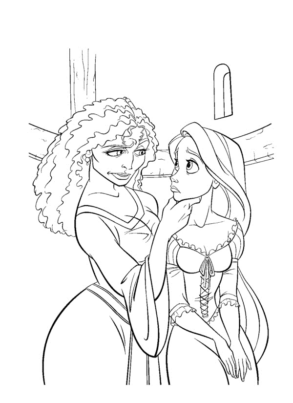Dibujo de Rapunzel y madre Gothel para imprimir y colorear 