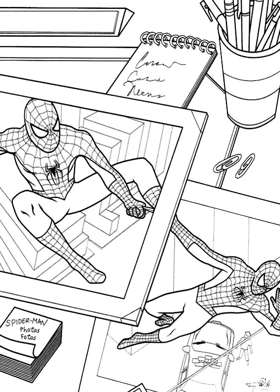 Dibujo de Spiderman en las fotos de autorretrato de Peter Parker para imprimir y colorear 