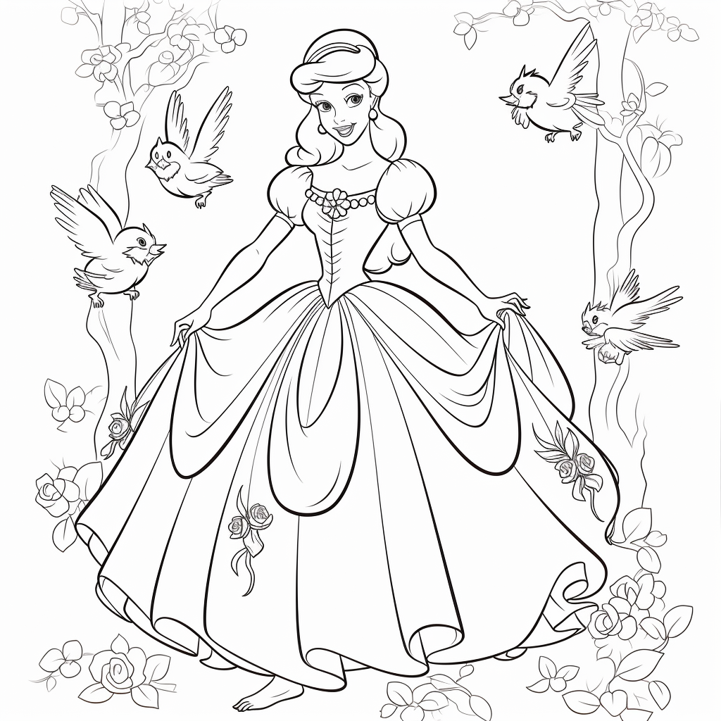 Desenho de Cinderela com os passarinhos 01 de Cinderela para imprimir e colorir