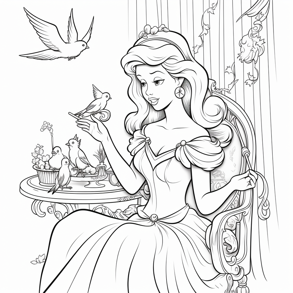 Desenho de Cinderela com os passarinhos 05 de Cinderela para imprimir e colorir