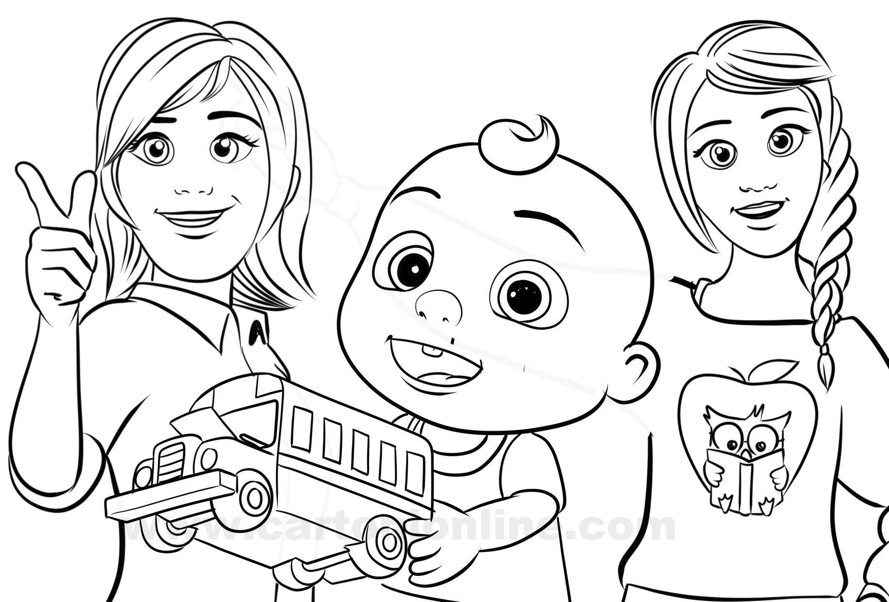 Miss Johnson, J.J., Ms.Appleberry from Cocomelon coloring page to print and coloring