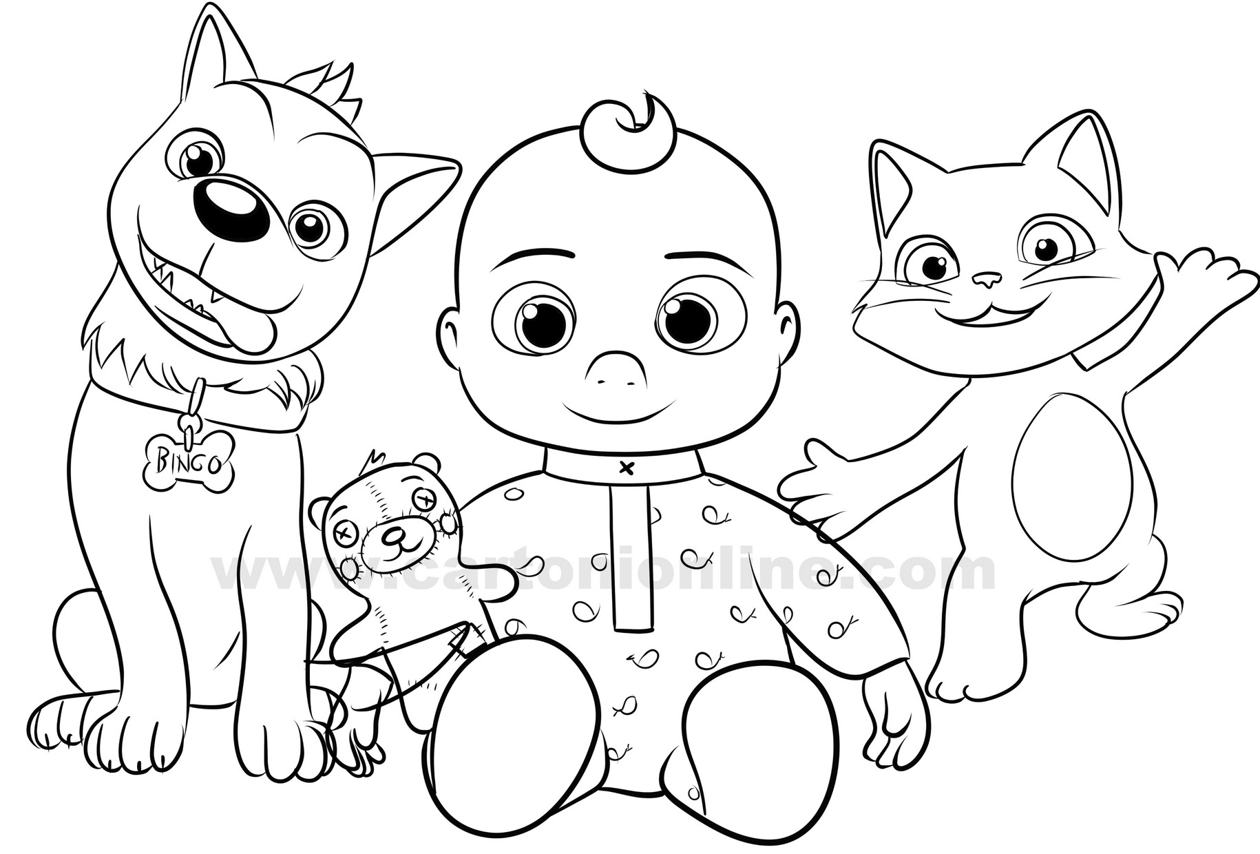 Bingo, J.J., Kiki from Cocomelon coloring page to print and coloring