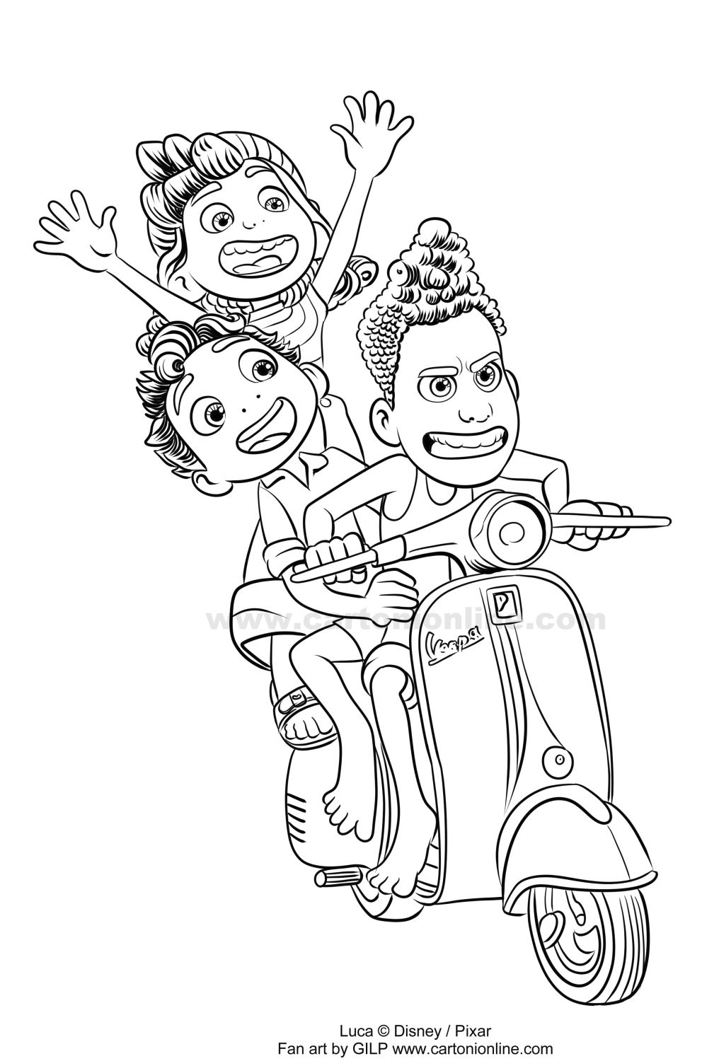 Desenho de Luca, Albero, Giulia, Vespa de Luca (Disney/Pixar) para imprimir e colorir
