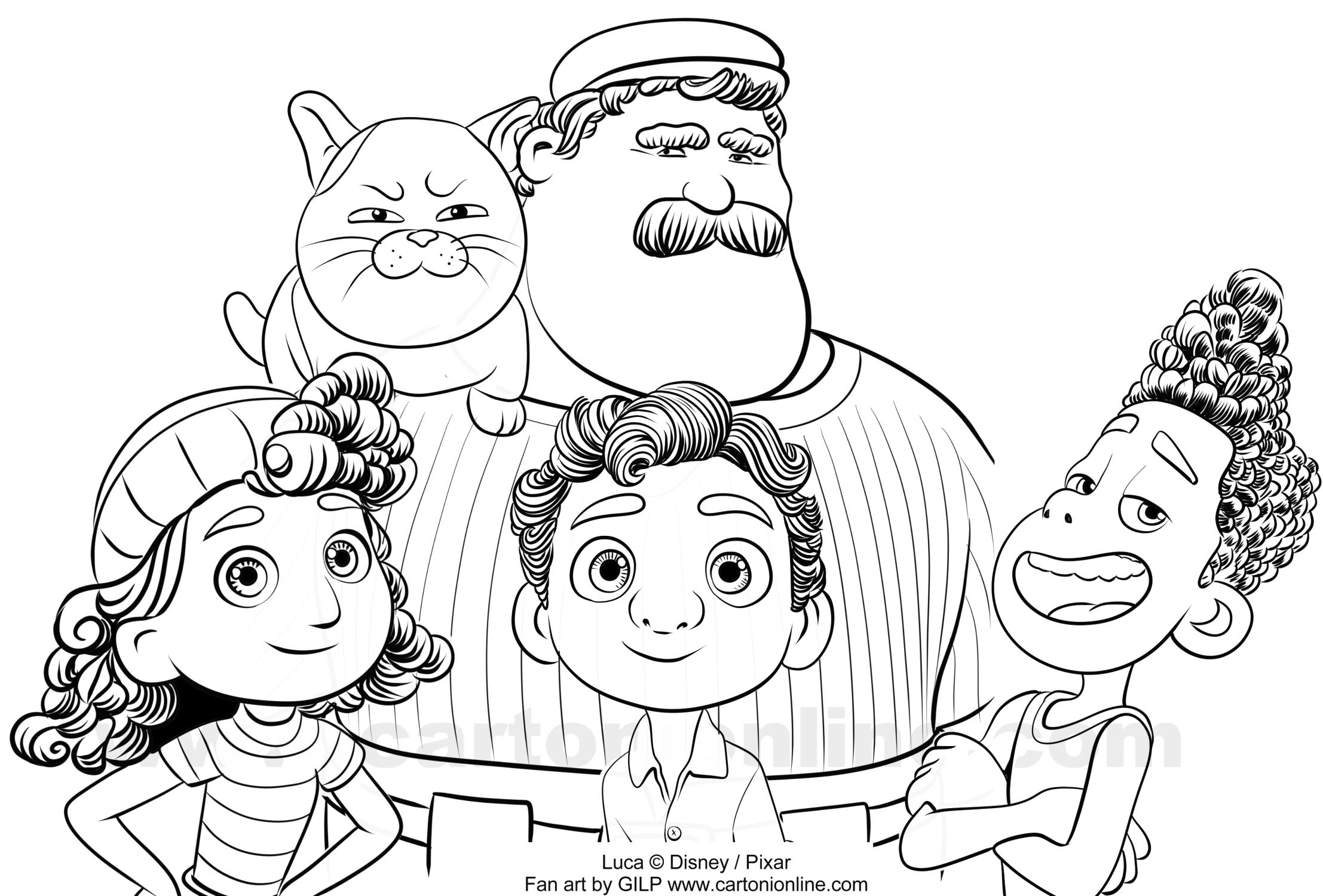 Dibujo de Luca, Alberto, Giulia, Massimo, Macchiavelli de Luca (Disney/Pixar) para imprimir y colorear