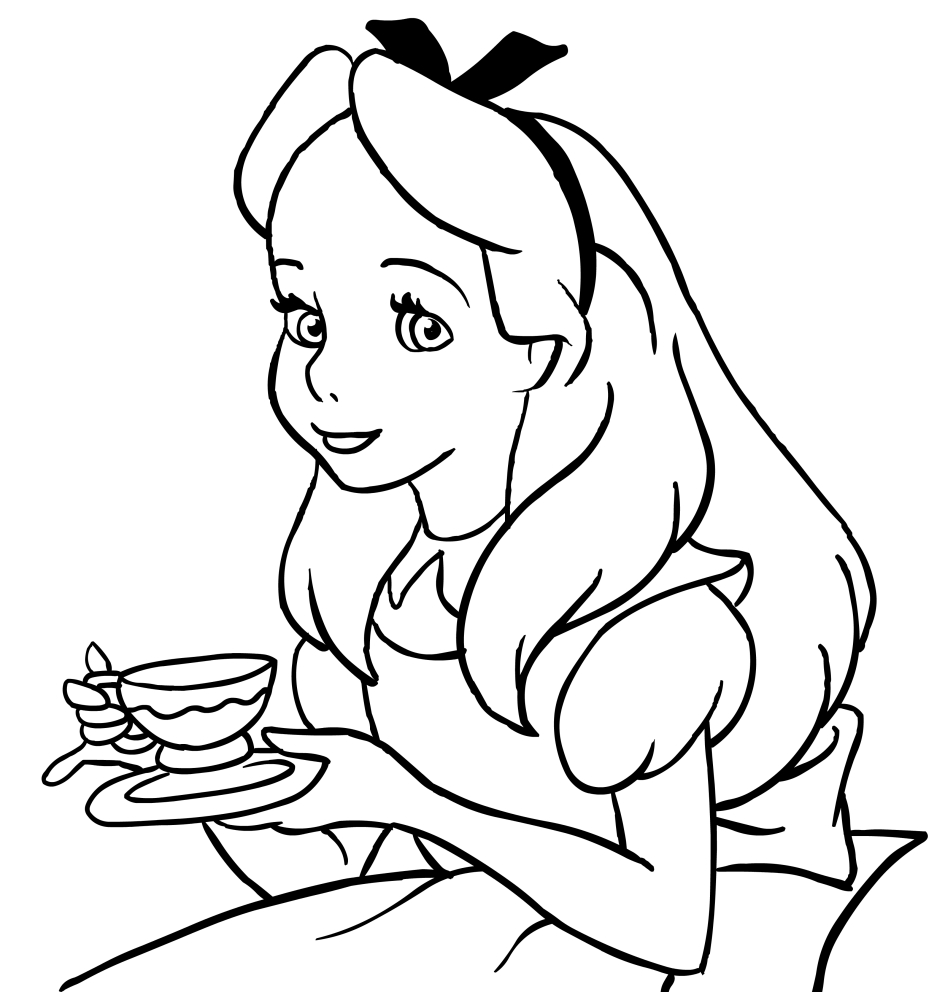 Disegno di Alice nel paese delle meraviglie con la tazza di tè, da stampare e colorare