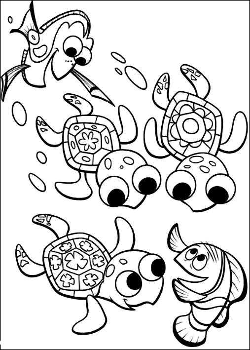 Dibujo de Marlin, Dory, Dart y las tortugas para imprimir y colorear