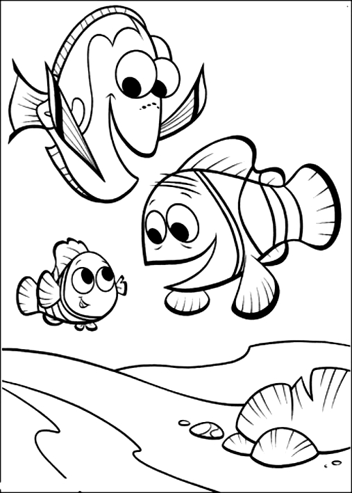 Disegno di Marlin, Dory e Nemo da stampare e colorare