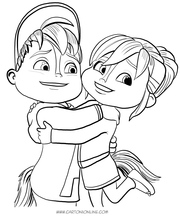 Dibujo de Alvin y Brittany abrazados para imprimir y colorear