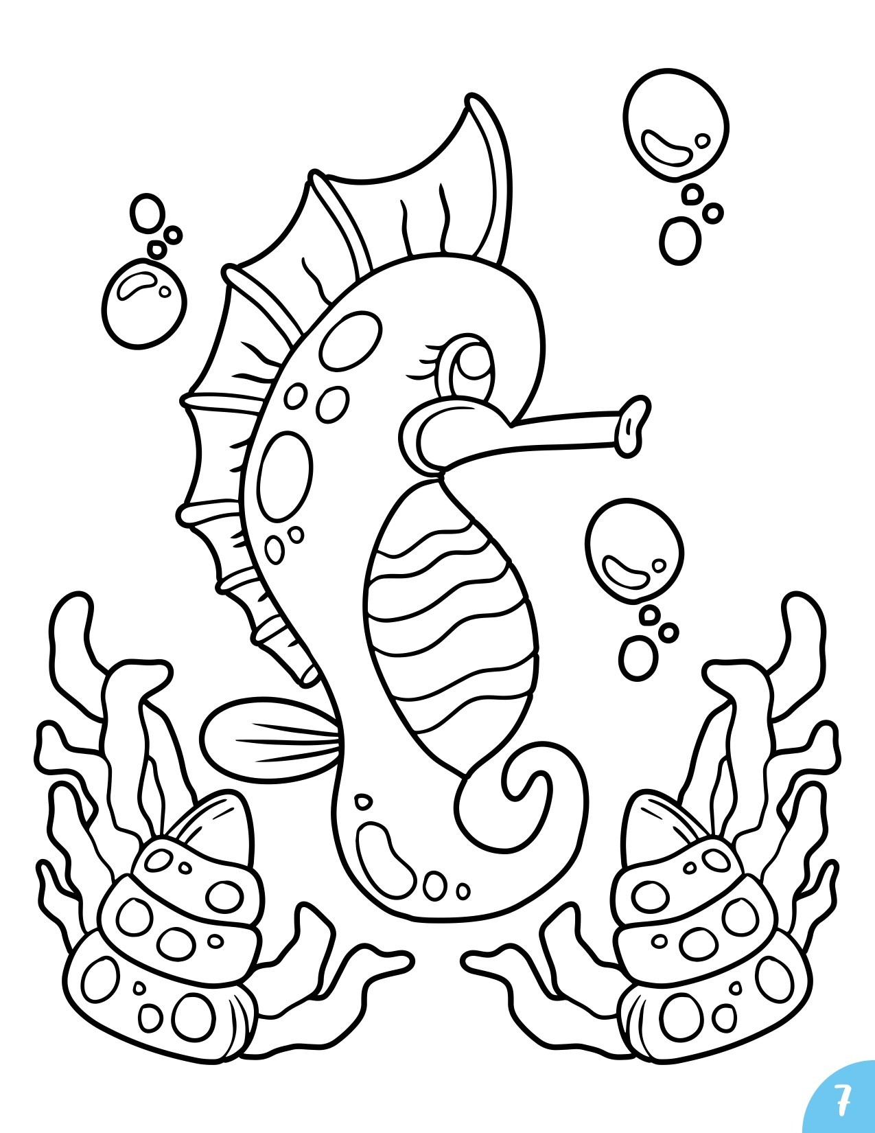 Kawaii seahorse coloring page for kids