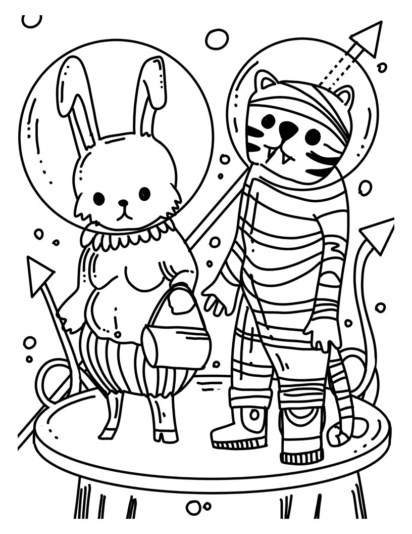 Disegno da colorare di coniglio e gatto nello spazio per bambini