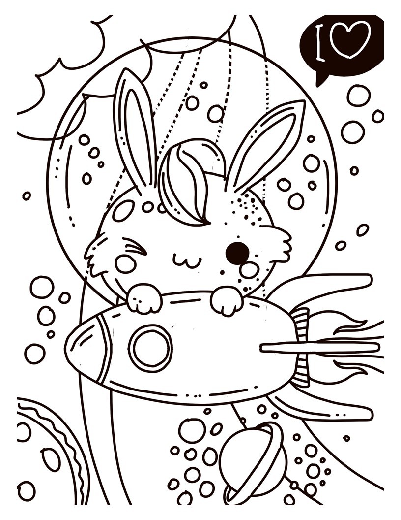 Disegno da colorare di coniglio nello spazio kawaii