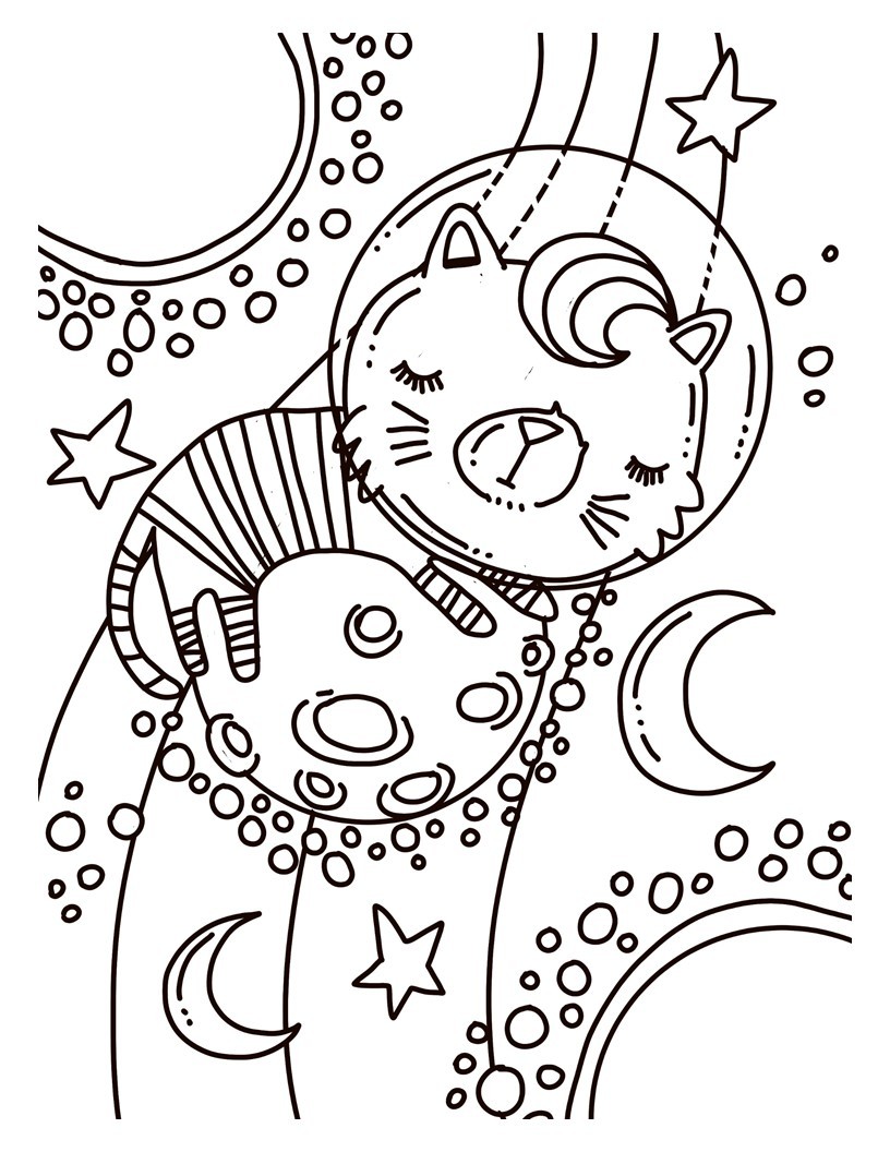 Disegno da colorare di gatto nello spazio kawaii