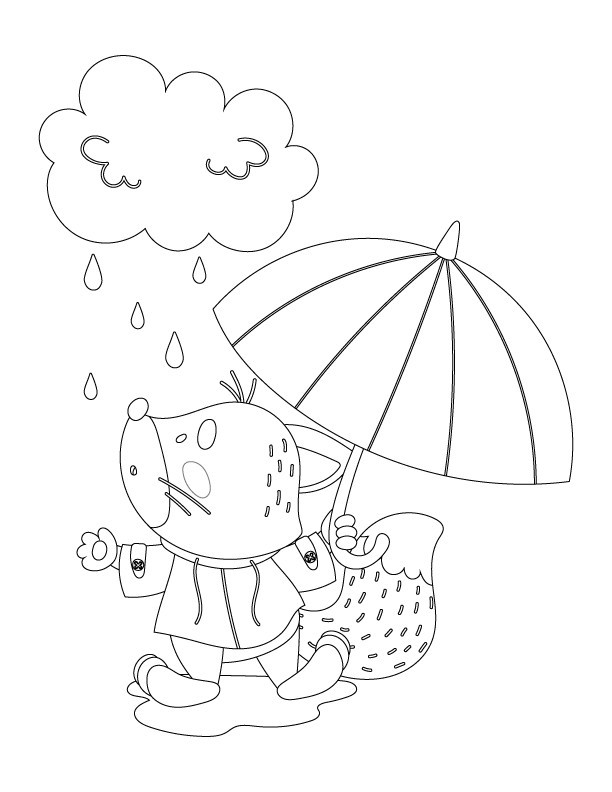 Dibujo para colorear de gato bajo la lluvia para niños
