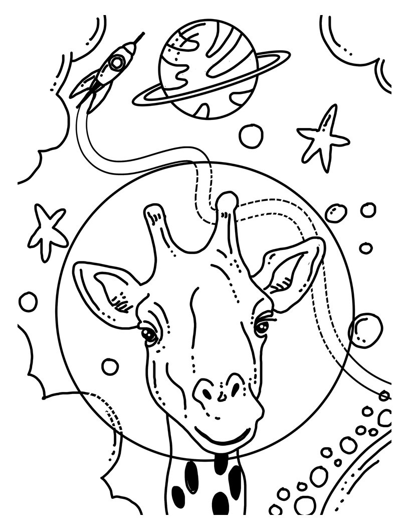 Dibujo para colorear de jirafa en el espacio