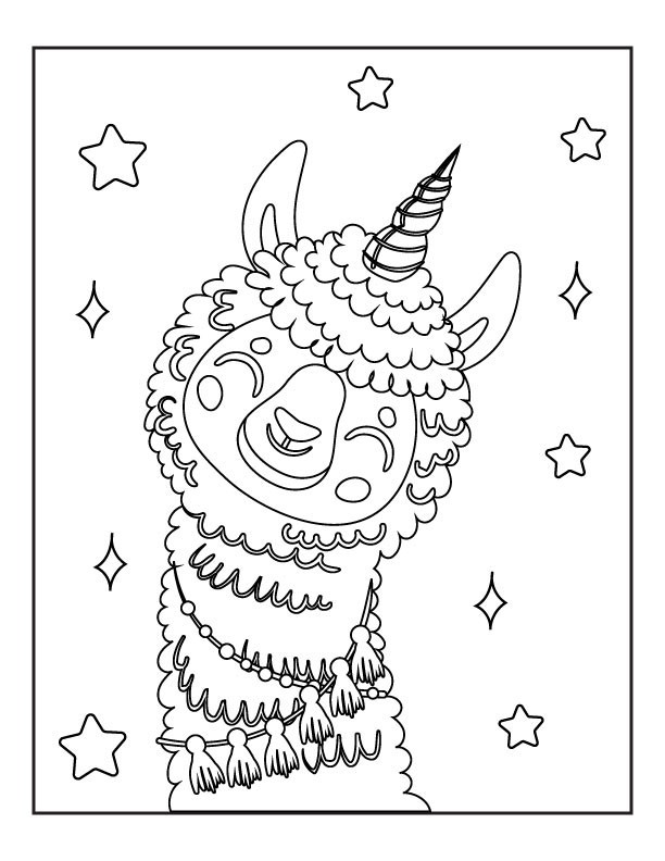 Página para colorear de llama unicornio para niños