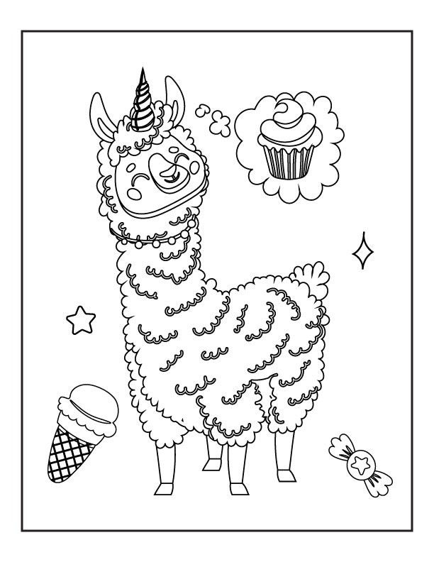 Disegno da colorare di lama unicorno con cupcake per bambini