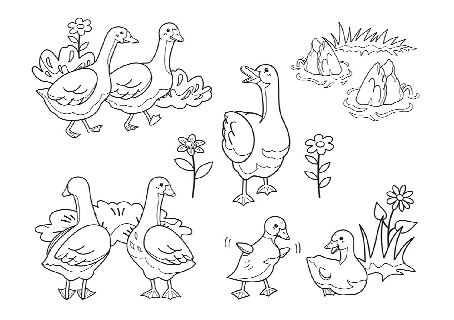 Coloring page of kawaii geese