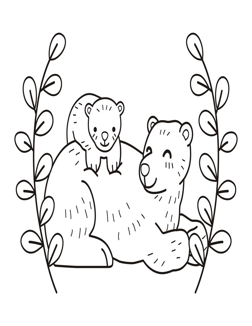 Disegno da colorare di orso mamma e figlio kawaii