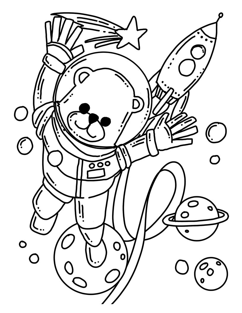 Disegno da colorare di orso nello spazio kawaii