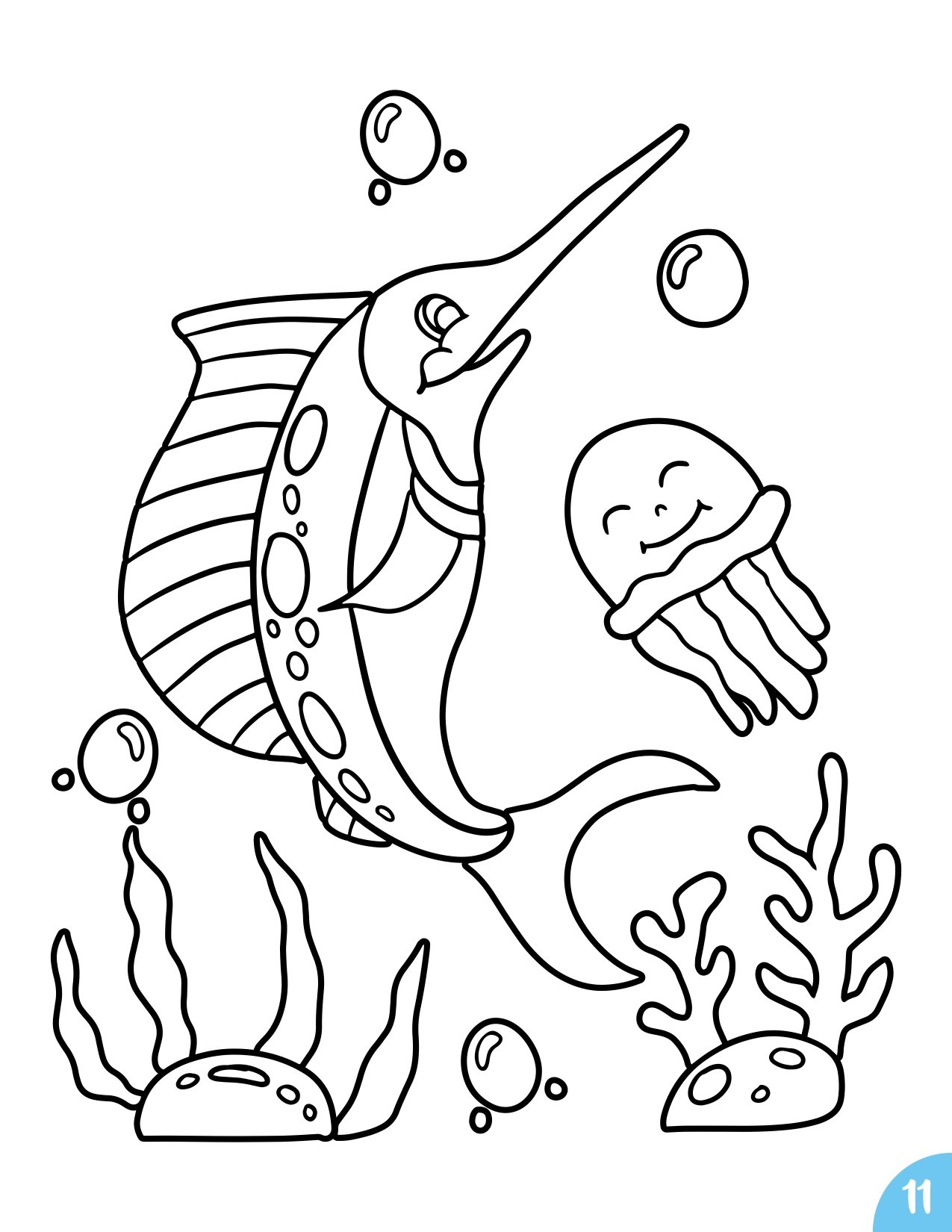 Disegno da colorare di pesce spada cartoon per bambini