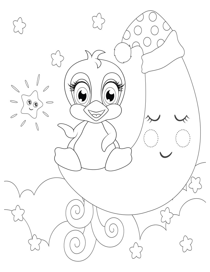 Coloring page of penguin on the moon kawaii