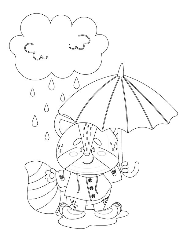 Disegno da colorare di procione con ombrello per bambini