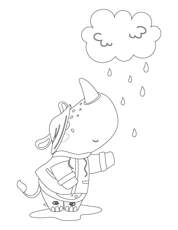 صفحة تلوين وحيد القرن في المطر للأطفال