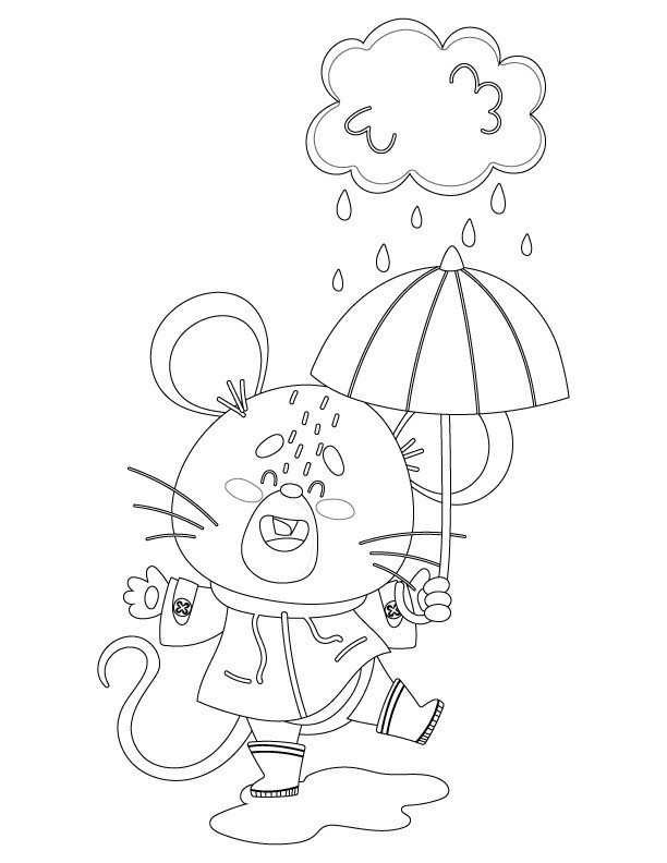 Disegno da colorare di topo sotto la pioggia per bambini