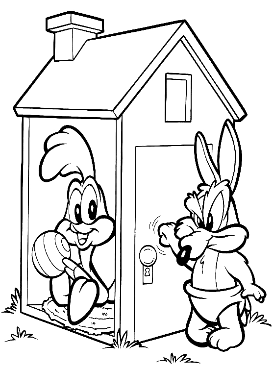 Disegno di Baby Beep Beep e Baby Wile Coyote nella casetta dei giochi (Baby Looney Tunes) da stampare e colorare