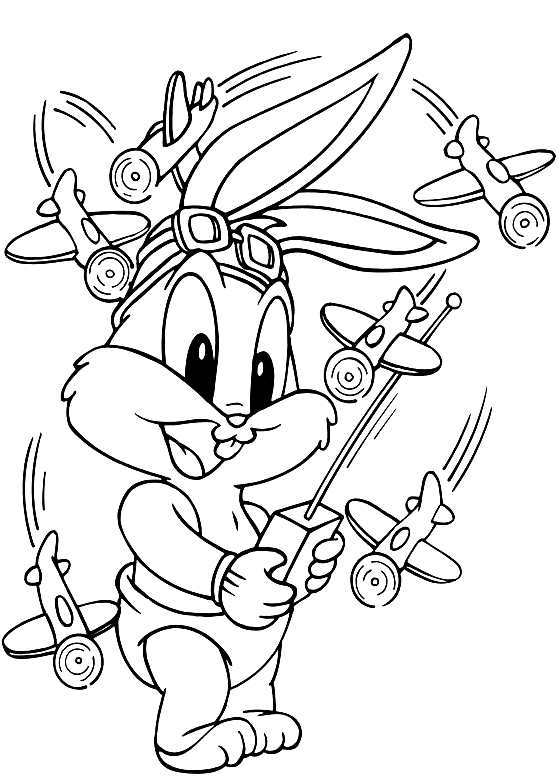 Disegno di Baby Bugs Bunny che gioca con gli aeroplanini telecomandati (Baby Looney Tunes) da stampare e colorare