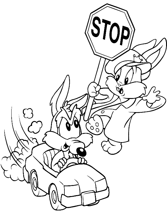 Disegno di Baby Bugs Bunny vestito da vigile che gioca con Wile Coyote (Baby Looney Tunes) da stampare e colorare