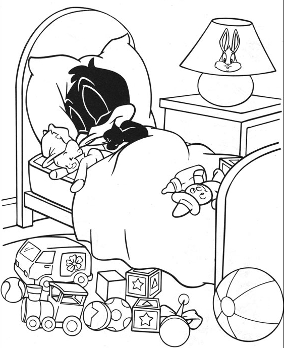 Baby Daffy Duck durmiendo con sus juguetes (Baby Looney Tunes) para imprimir y colorear