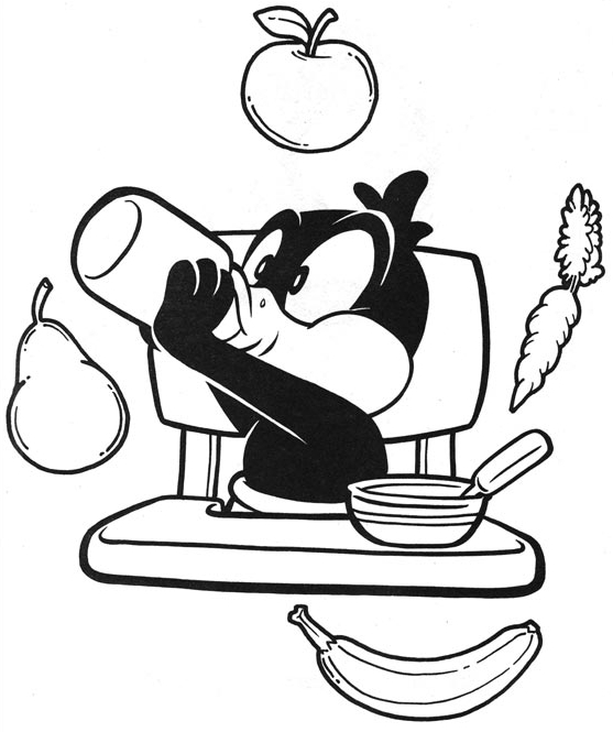 Drawing of Baby Daffy Duck eating in the high chair (Baby Looney Tunes) to print and color