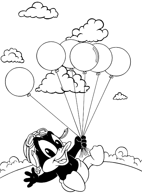 Dessin de Baby Daffy Duck volant avec des ballons (Baby Looney Tunes) à imprimer et colorier