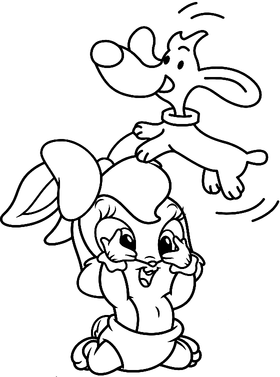 Dessin de Baby Lola Bunny jouant avec le chien teckel (Baby Looney Tunes) à imprimer et colorier