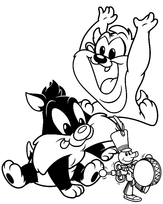 Baby Silvestro和Baby Taz（Baby Looney Tunes）着色页一起打印和着色