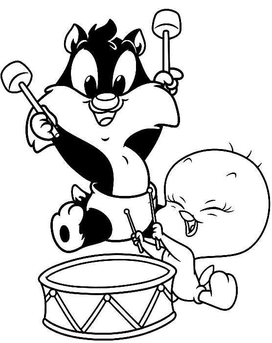 Disegno di Baby Silvestro e Titti che suonano il tamburo (Baby Looney Tunes) da stampare e colorare