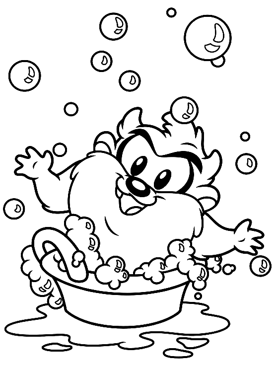 Teckning av Baby Taz som tar ett bad (Baby Looney Tunes) för att trycka och färga