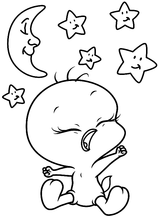 رسم الطفل تويتي الذي يتثاءب بين القمر والنجوم (Baby Looney Tunes) للطباعة واللون