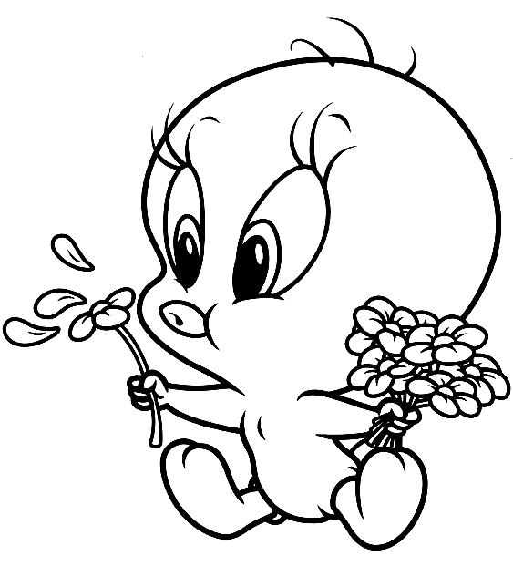 Colorear bebé Tweety soplando las flores (Baby Looney Tunes) para imprimir y colorear