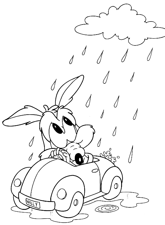 Tekening van Baby Wile Coyote in de regen met zijn speelgoedauto (Baby Looney Tunes) om af te drukken en in te kleuren