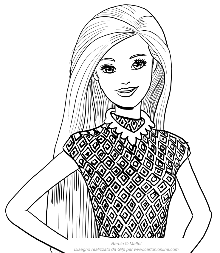Drawing of Barbie fashionista with face in the foreground to print and color